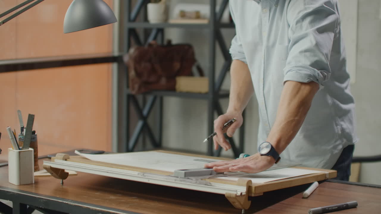 Architetti/ingegneri che tengono una penna e indicano attrezzature. Sulla scrivania in ufficio con una planimetria. Luce del tramonto vintage. Primo piano di un disegnatore che traccia diagrammi su planimetrie.