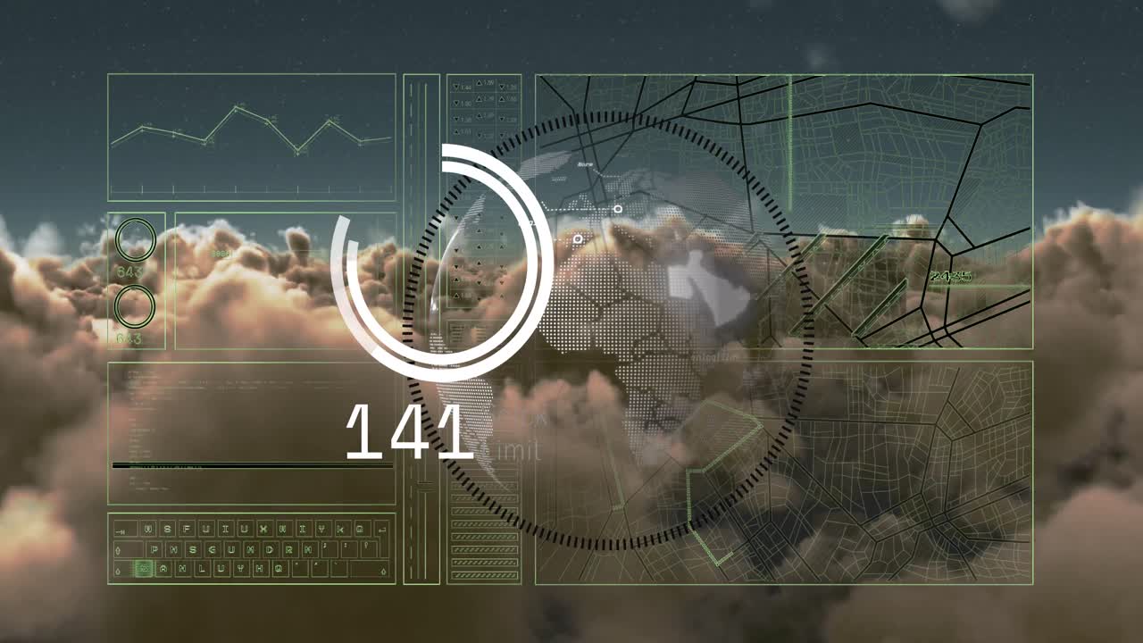 animación de la interfaz con procesamiento de datos sobre el globo giratorio contra nubes oscuras en el cielo.