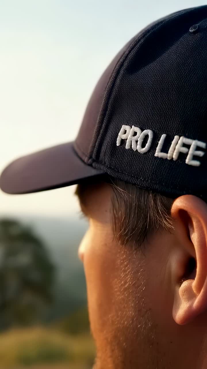 Vertical video: Facing hills, man gazing, closing eyes as sun hits cheek, cap PRO LIFE, copy space