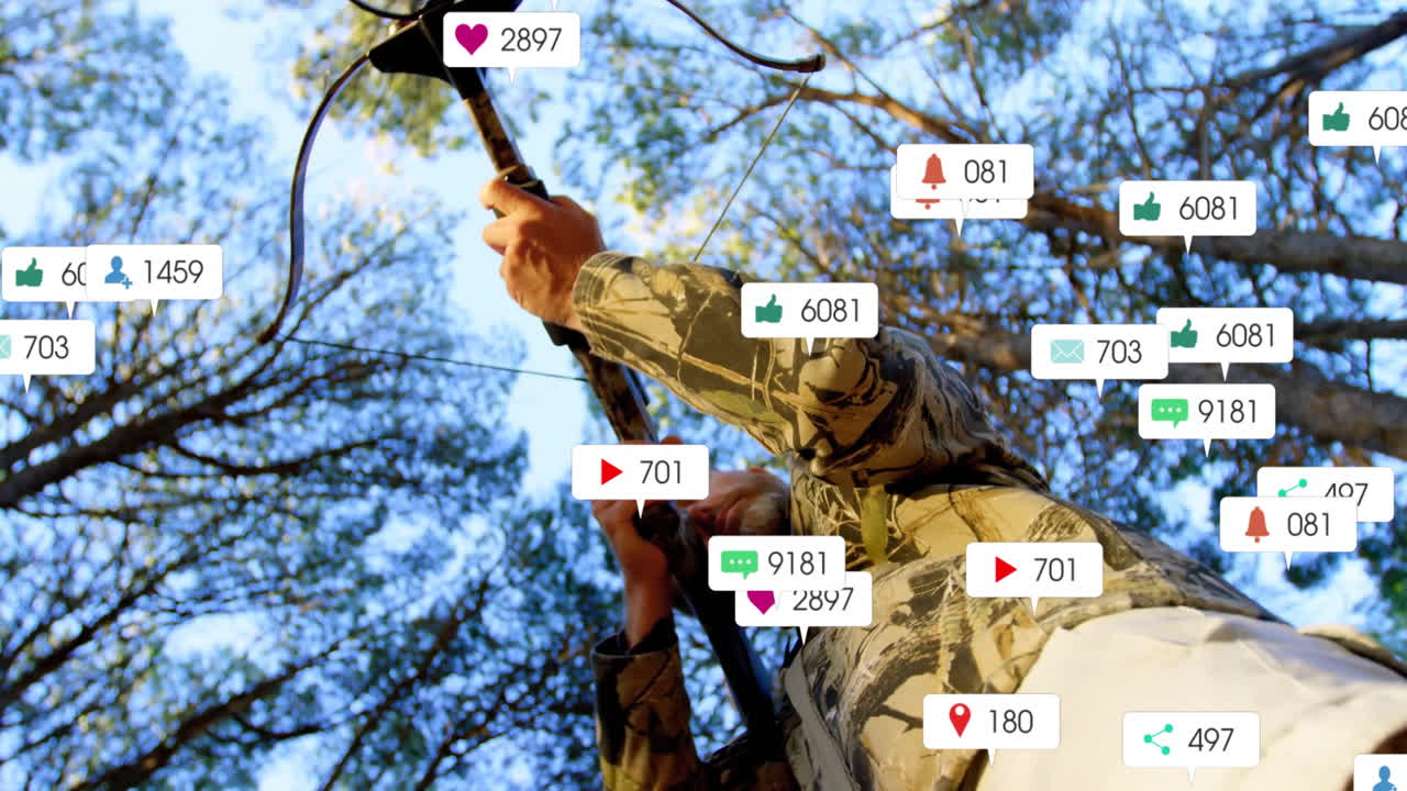 Man raising recurve bow in pine forest, showing floating social media icons for marketing campaign