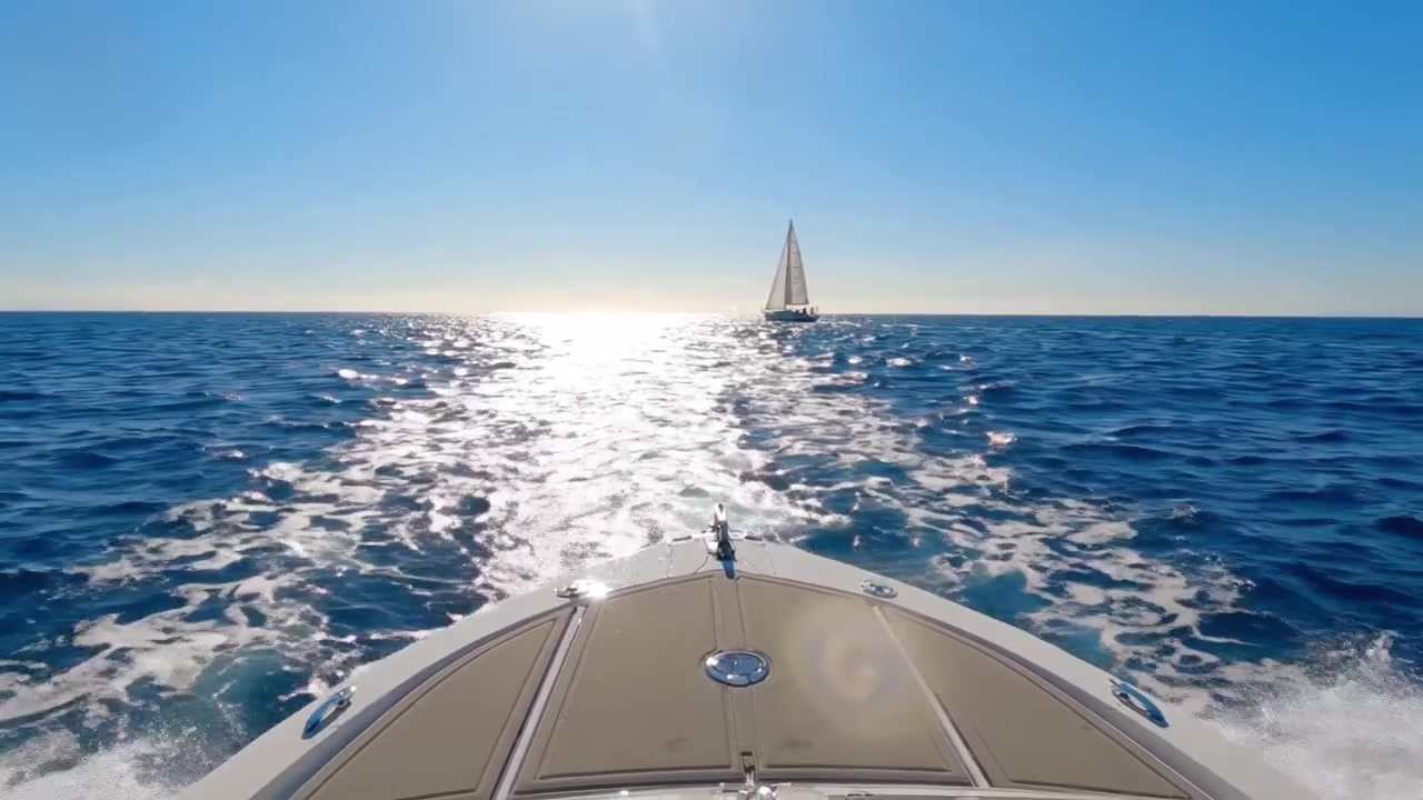 Eine ruhige Reise über kristallblaues Wasser unter einem strahlend sonnigen Himmel, die die Schönheit des Segelns in den Horizont vom Bug eines Bootes aus einfängt.