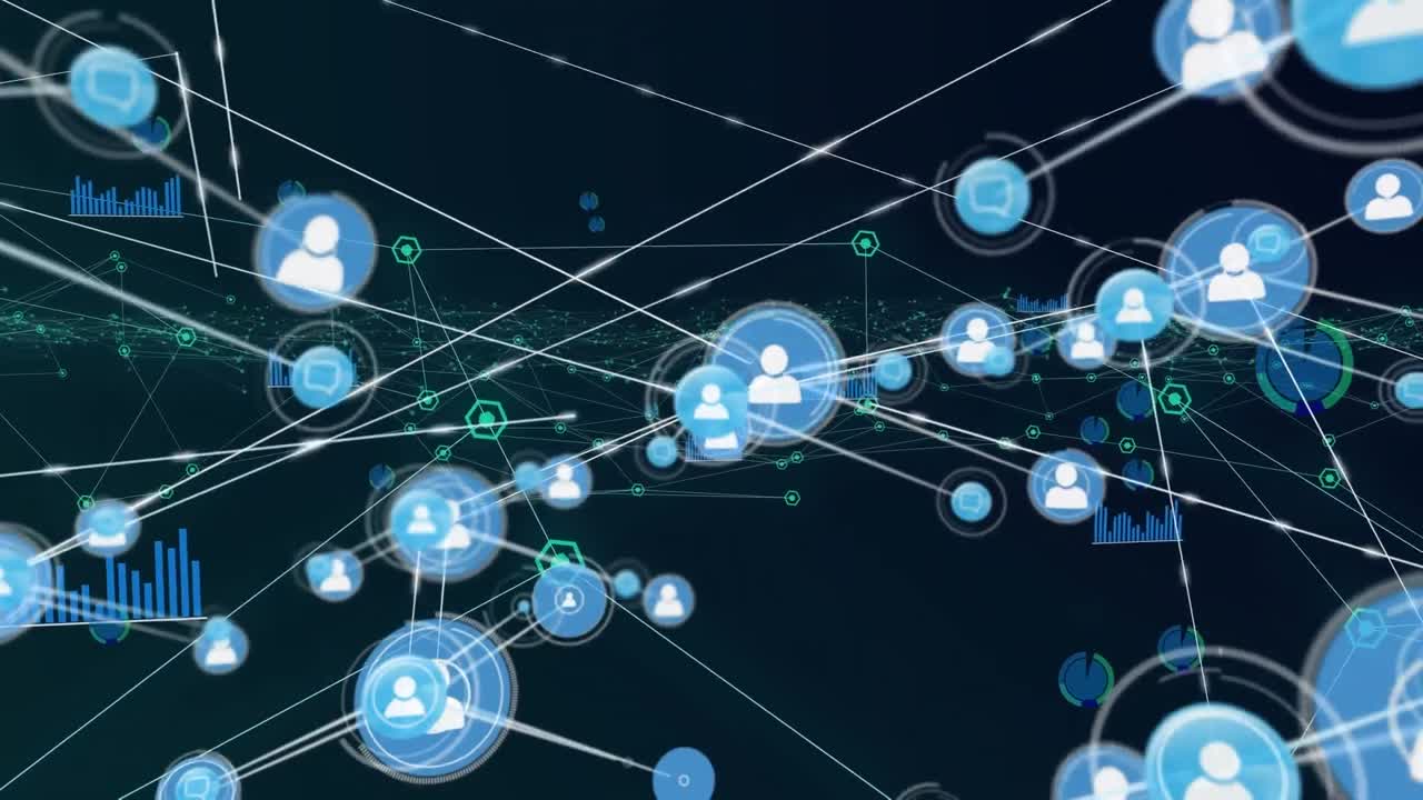 Animation of network of profile icons against blue background
