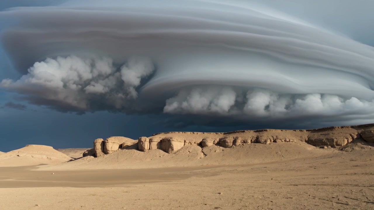 Fremadskridende stablet linseformet hyldesky bevæger sig over et sandet plateau, himlen mørkner og forårsager cumulus-udbulninger.