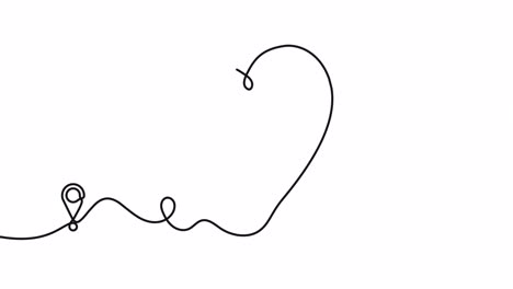 continuous one line drawing of airplane path in heart form. one single line airplane route with start point and hearted way, aircraft with heart shaped trace. 4k video with alpha channel.