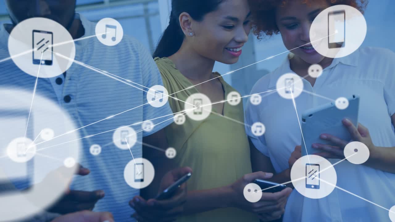 Three colleagues glancing at devices, causing floating icons and nodes connecting into tech network