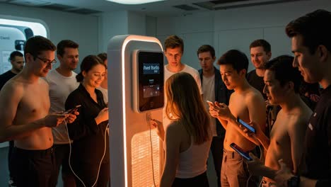 group of young people engaged around a unique charging station while socializing and interacting with their devices in a brightly lit environment
