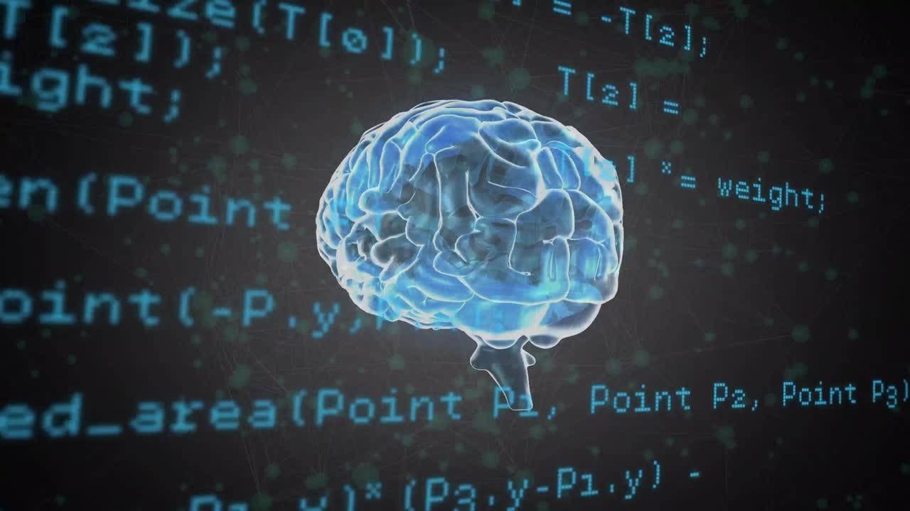 회색 배경의 연결 네트워크에 대해 회전하는 인간 뇌를 통해 데이터 처리가