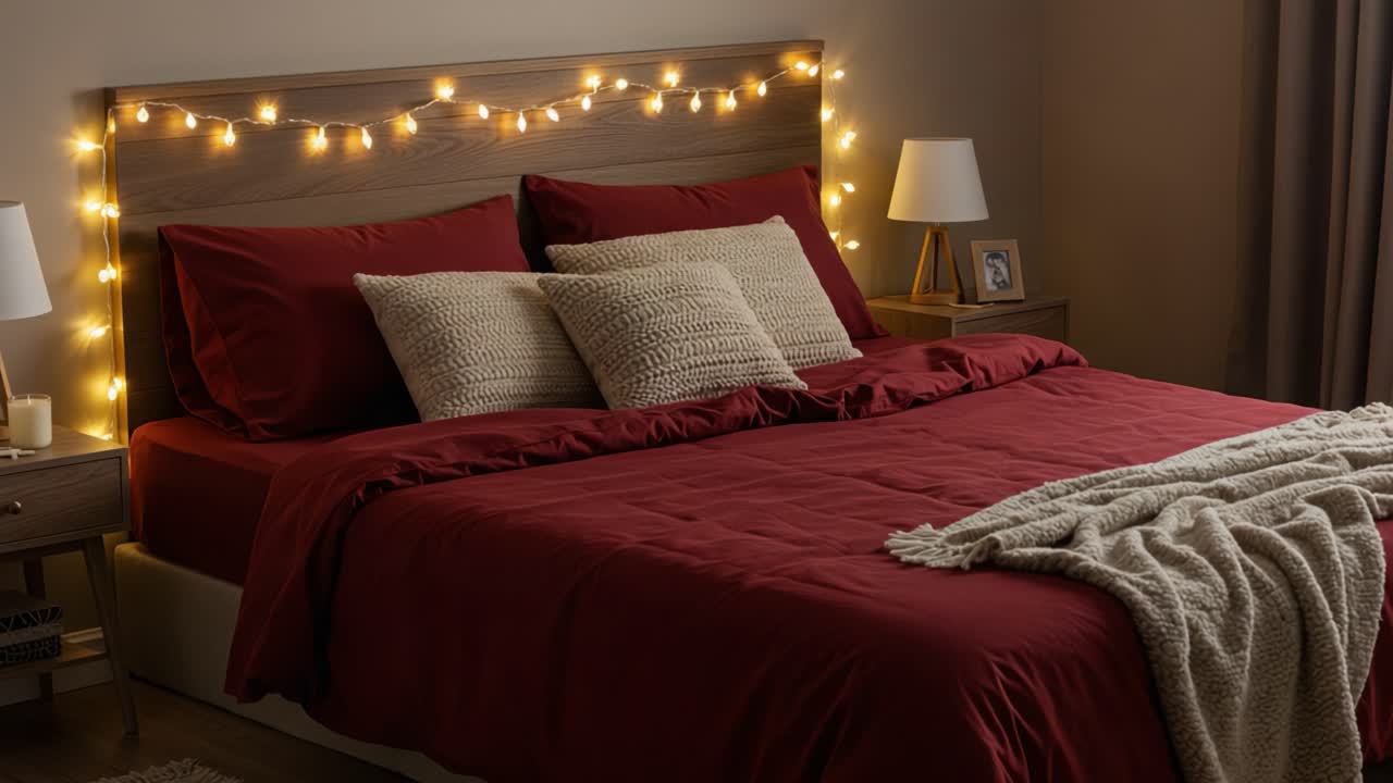 Cozy Bedroom with Red Bedding and Warm String Lights