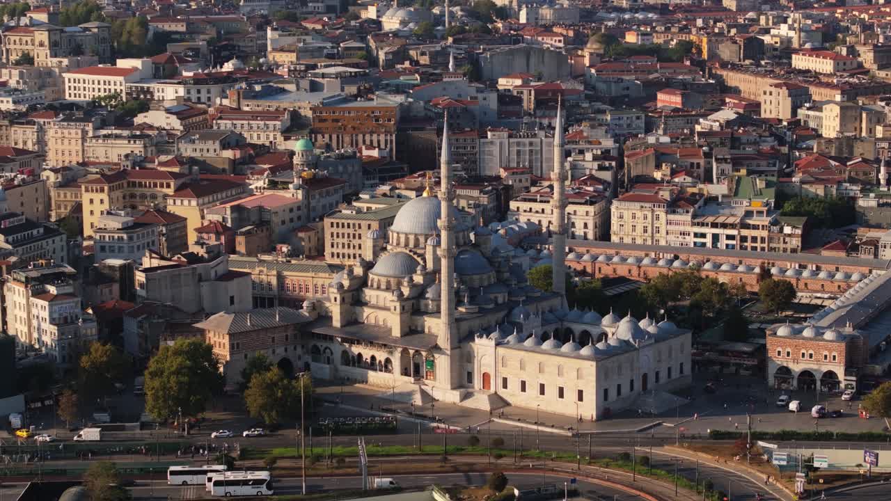 Orbiting Drone Shot Above Yeni Cami Mosque in Istanbul, Turkey. Summer Day