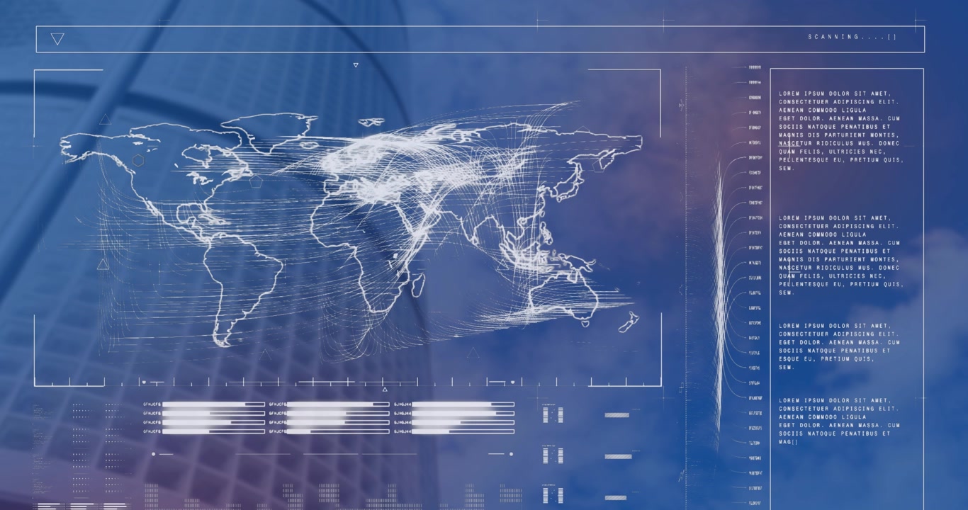 Animation of interface with data processing and world map against low angle view of tall building
