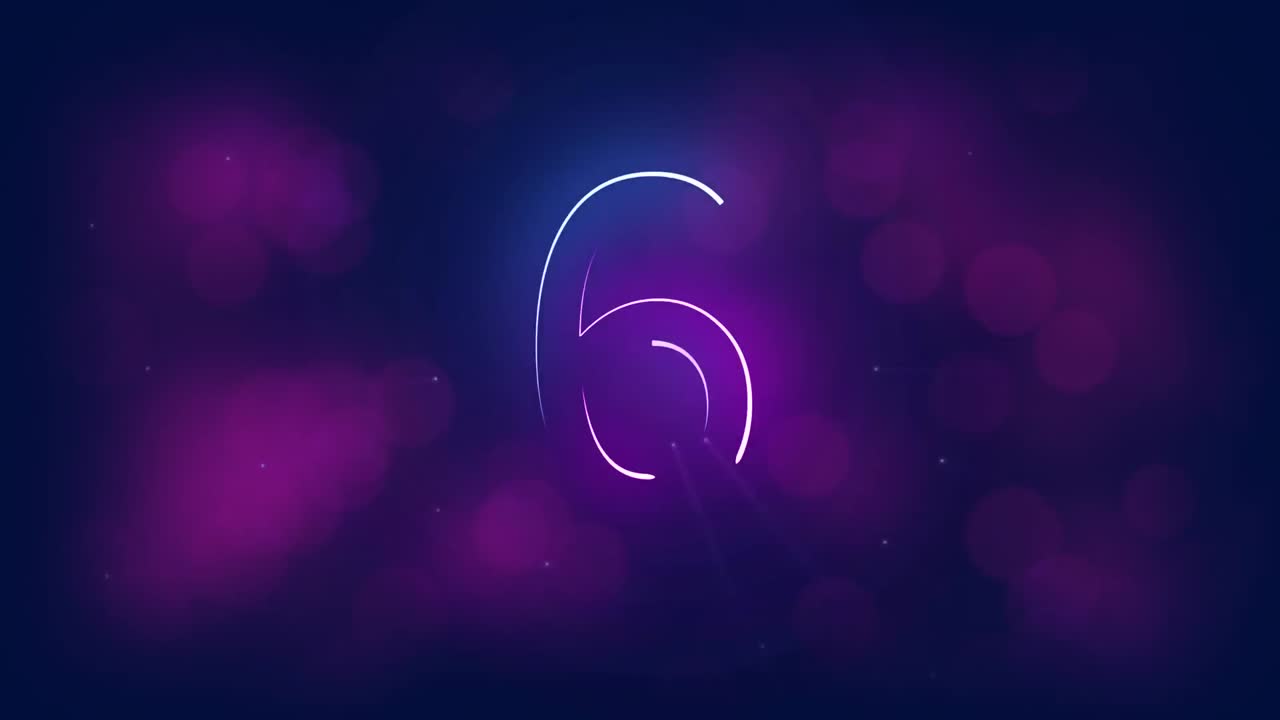 Animation of glowing blue and pink numbers counting down to new year from 10 to 1 on dark background