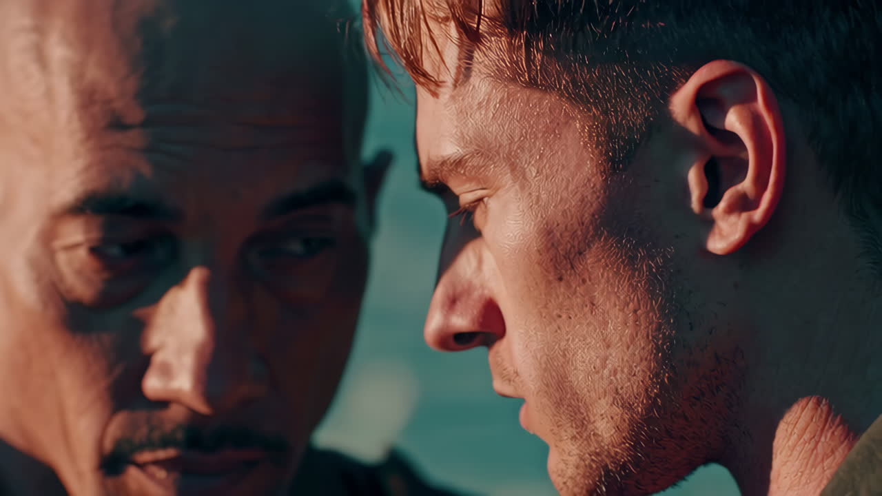 hombres, soldados, puesta de sol y vista de la ciudad