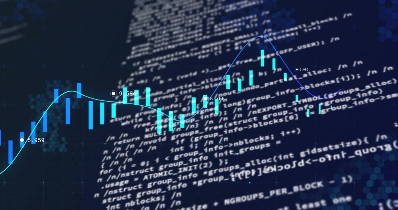 On startup, cyan-turquoise candlestick chart animating bars falling then rising, showing trend