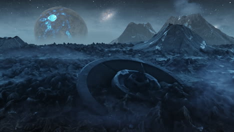 alien spaceship wreckage on a frozen alien planet at night