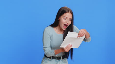 happy young woman open envelope take out letter reads bank loan approve great news award win