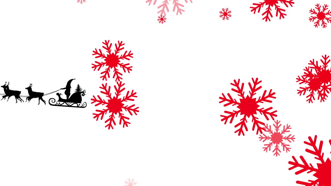 animación de santa claus en trineo con renos sobre copos de nieve sobre fondo blanco