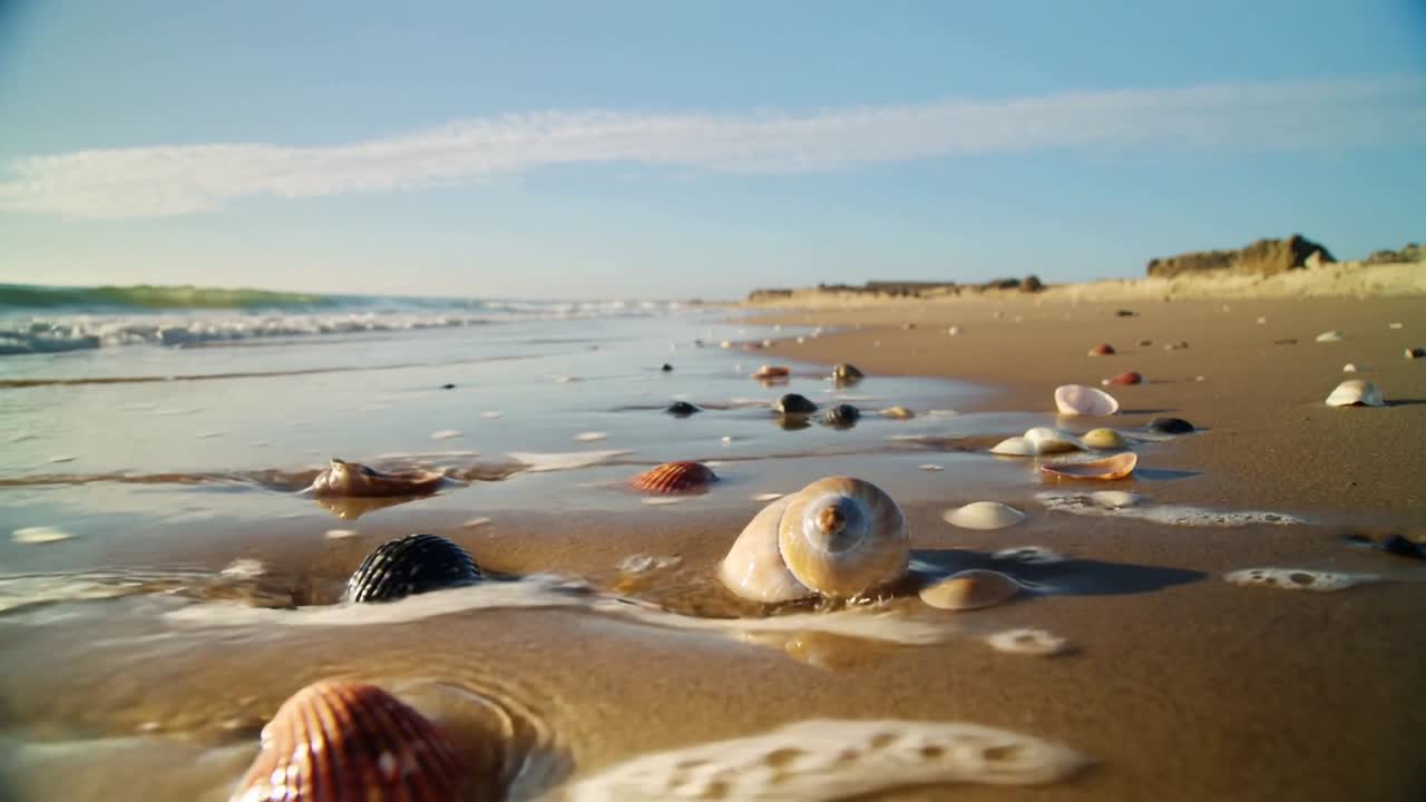 Pushing foamy wave washing over pale spiral shell on wet sand, incoming tide revealing more shells