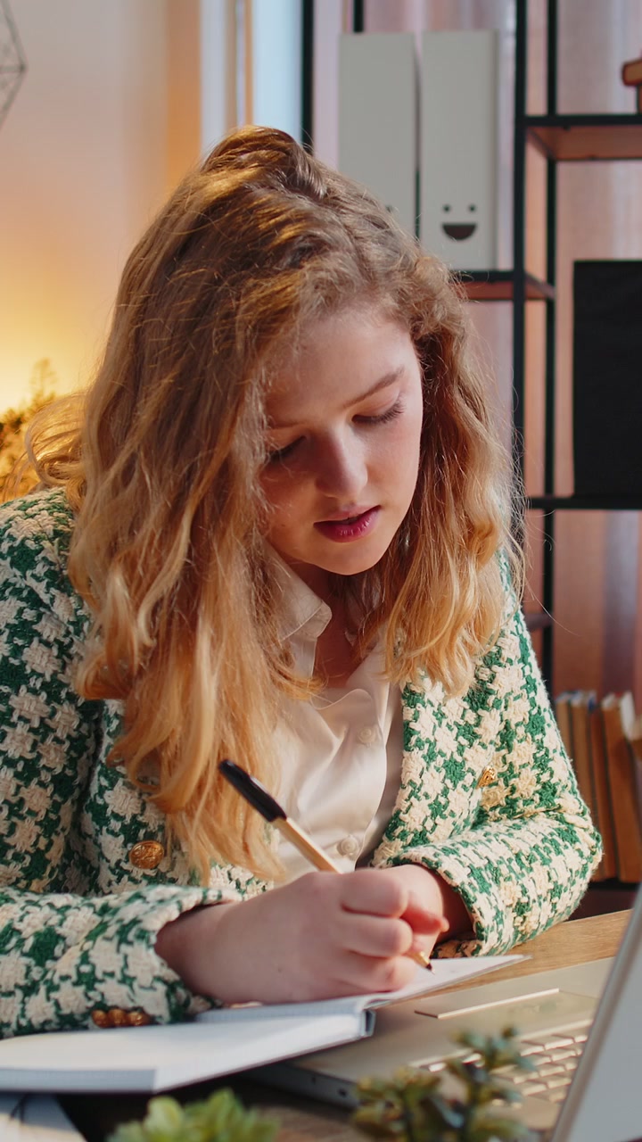 Business woman writing down taking down notes while attending online video class meeting on laptop