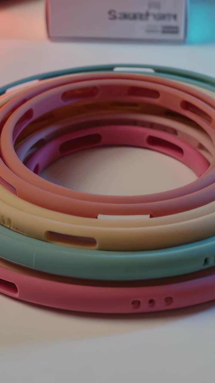 Vertical video: Moving camera showing silicone ring stack on desk, showing clasp, slots, box for ad