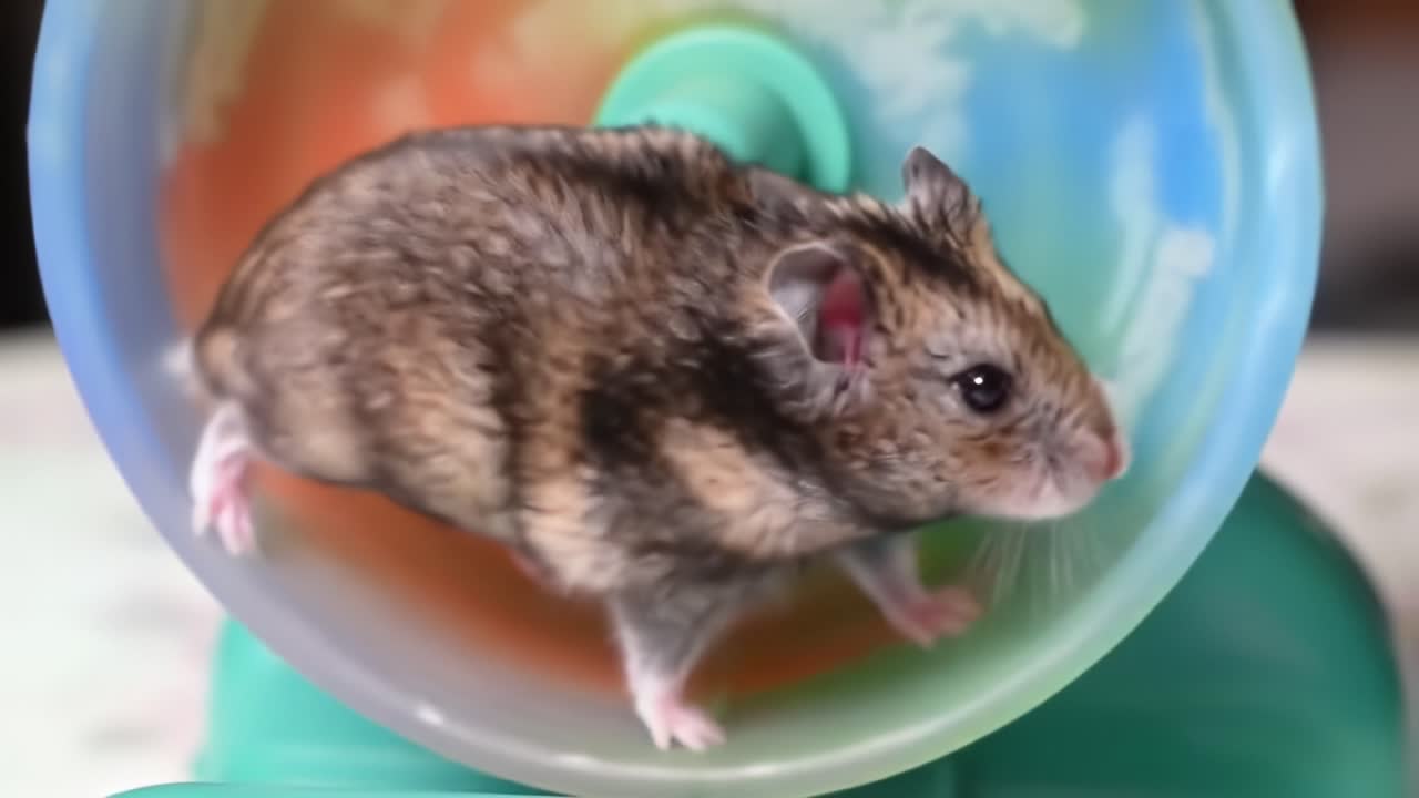 A Playful Hamster in Motion: Captivating Moments of a Small Rodent Running Energetically on a Colorful Wheel, Showcasing Its Joyful and Active Nature
