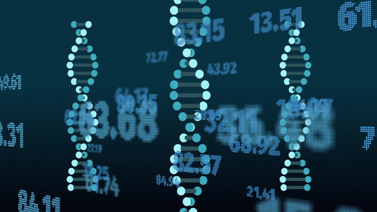 animación del procesamiento de datos digitales sobre cadenas de adn que giran