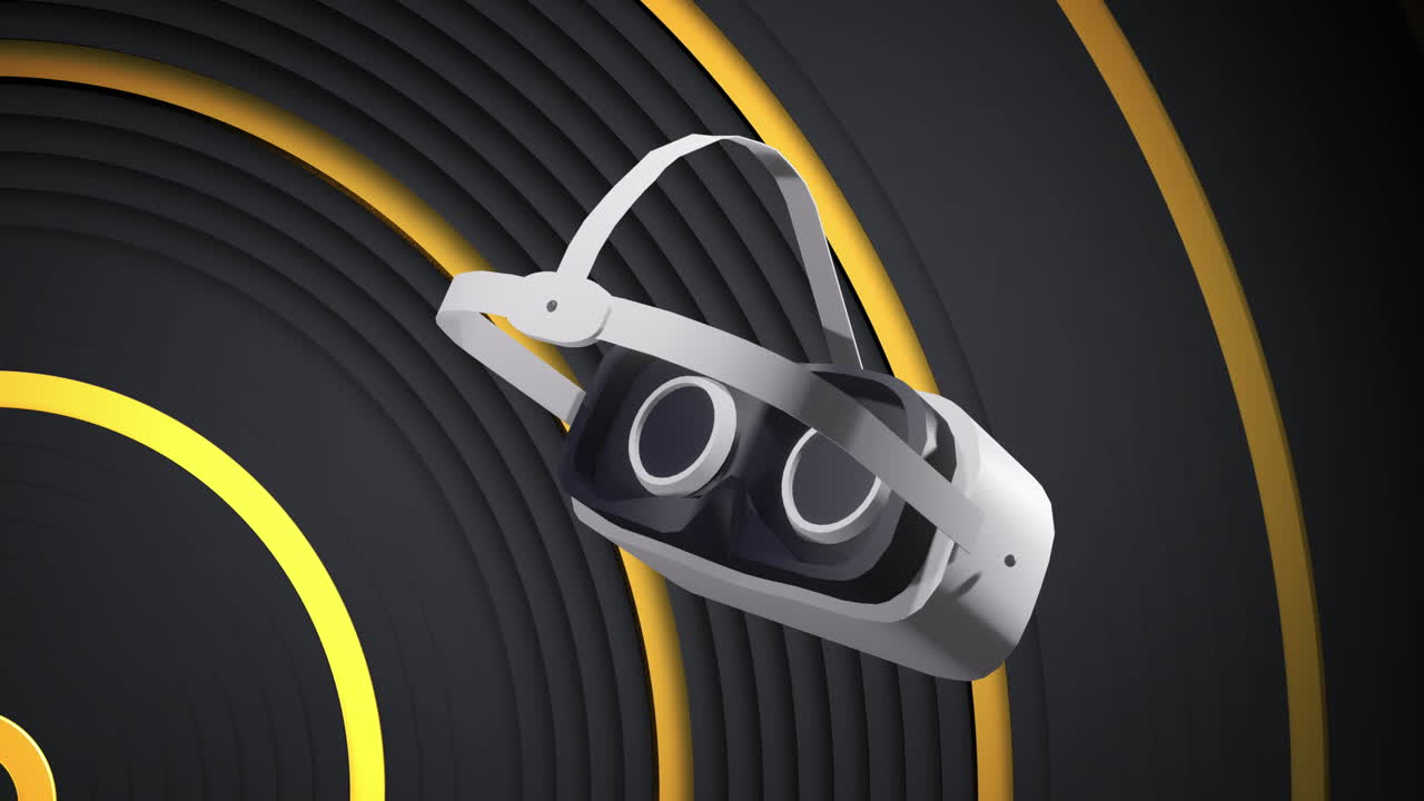 animación de auriculares vr que se mueven sobre anillos radiales de oro sobre un fondo negro