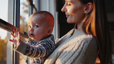 mother and baby looking out window during golden hour