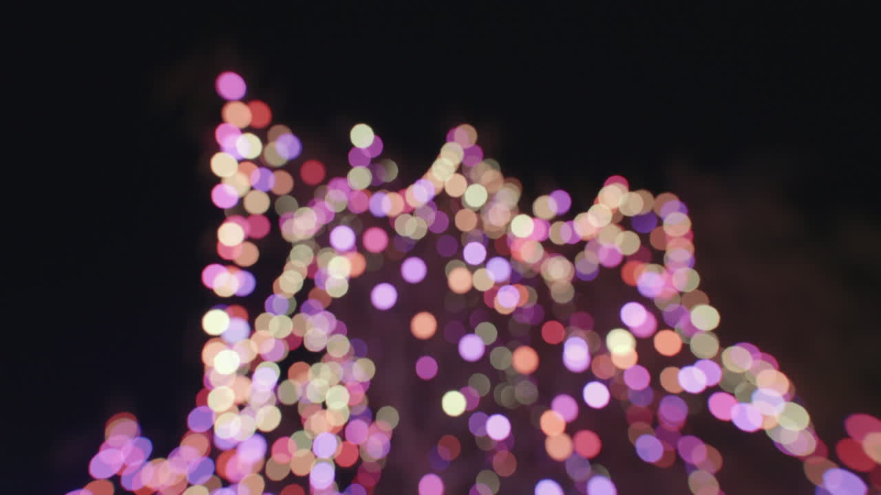 Slørede, farverige julelys med cirkulær bokeh på træ