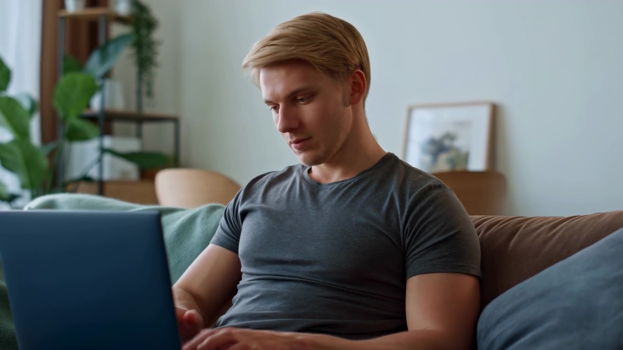 Ung hvid mand arbejder på bærbar computer i en hyggelig moderne stue, taster med fokuseret udtryk, blå sofa.