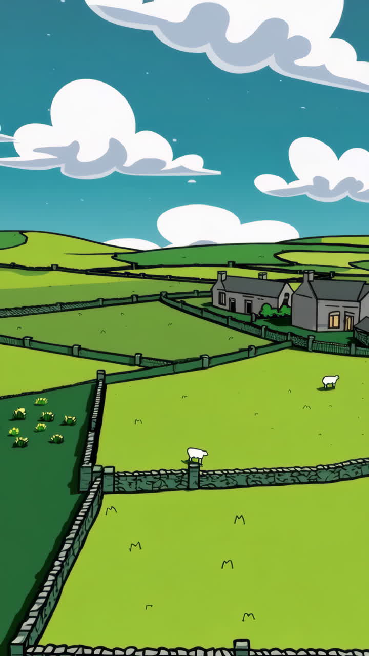 A cartoon rural landscape with green fields, stone walls, houses, and a flock of sheep under a cloudy sky