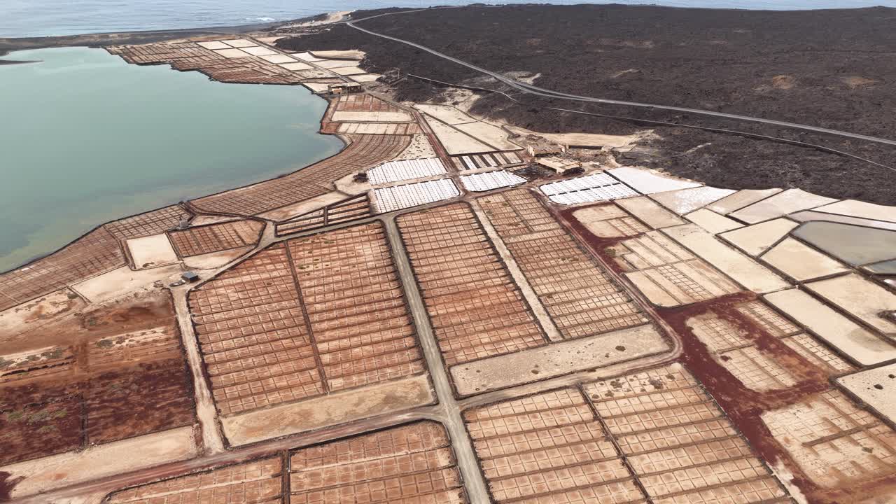 Aerial view of scenic salt flats in Lanzarote's Salinas de Janubio