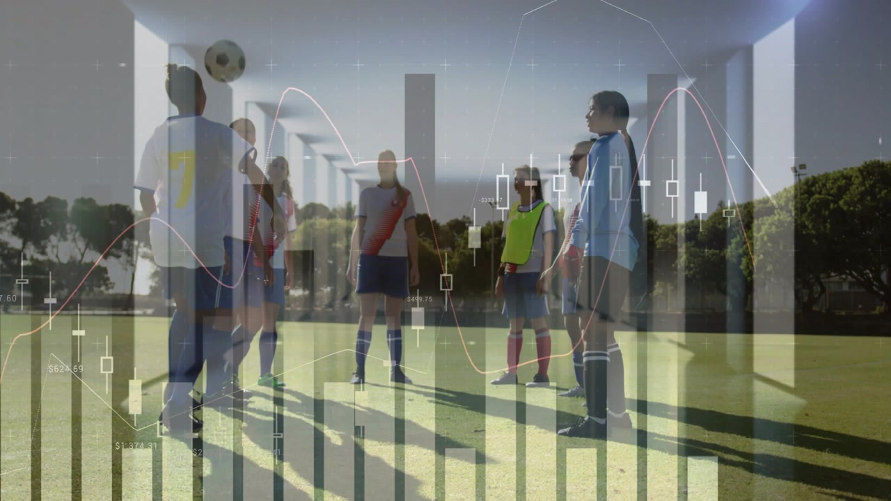 Player nudging ball, juggling, team passing and heading beneath charts and columns, sports training