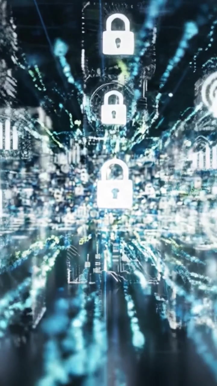 A Dynamic Visualization of Cybersecurity in a Digital Landscape: From a Glowing Network Pathway to a Complex Data Flow of Security Elements Representing Modern Technology.