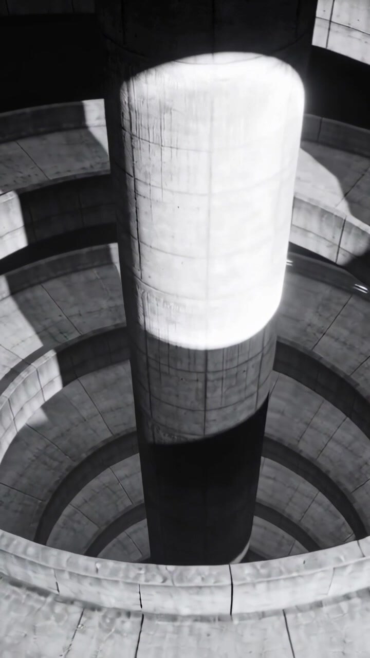 Vídeo vertical: Luz solar entrando pelo telhado, iluminando a coluna central, revelando rampas em espiral e parapeito