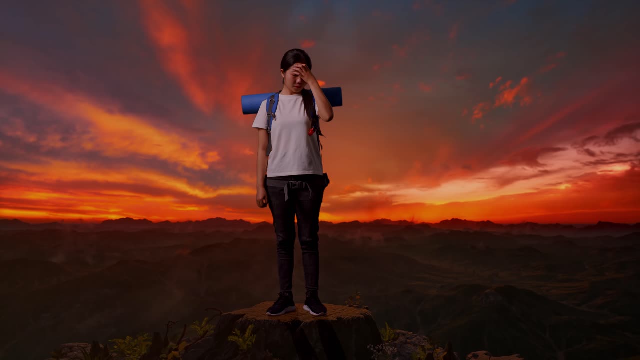 viajero cansado en la cumbre de la montaña al atardecer