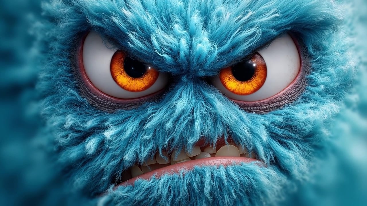Close up of a blue furry monster changing its expression from angry to shocked and smiling