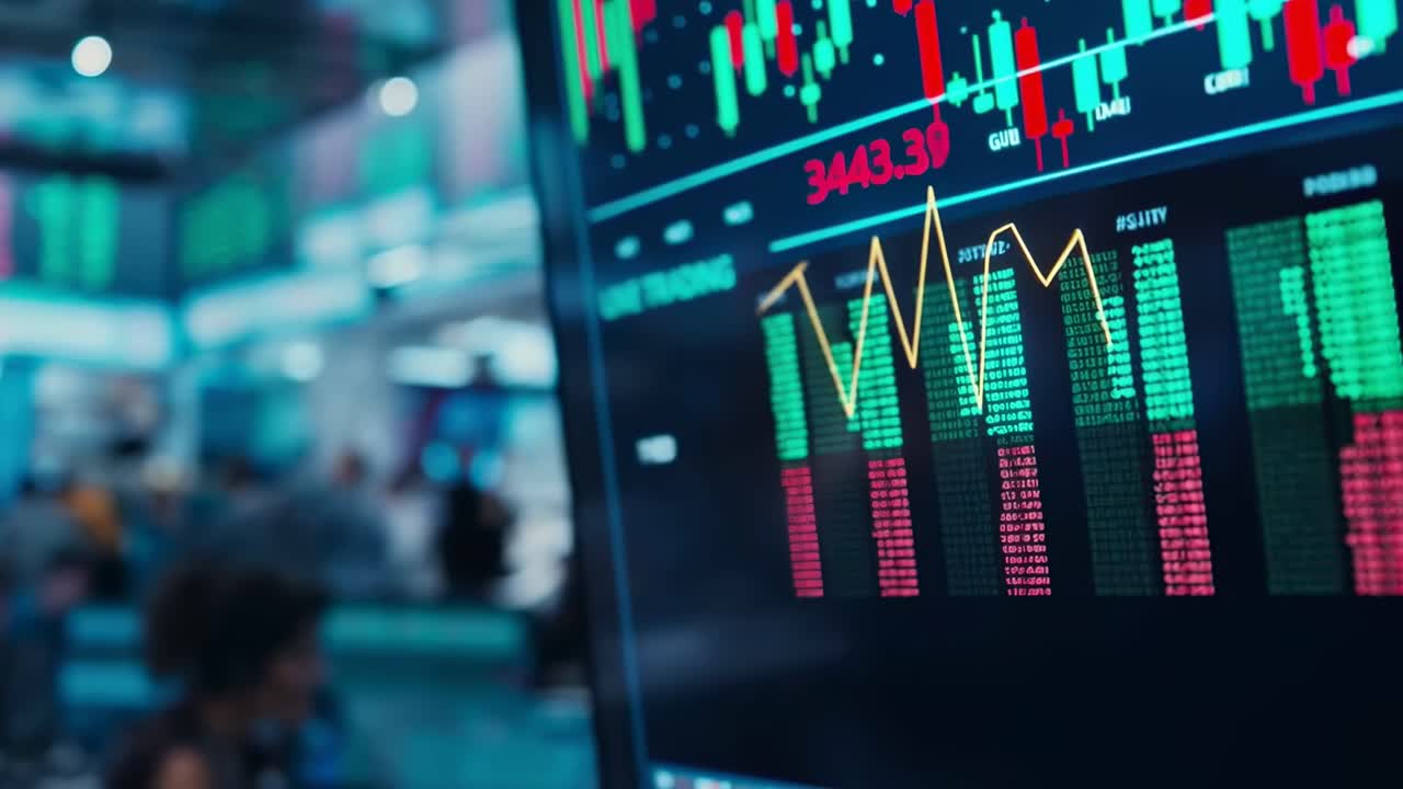 Video dinamico di una scena del mercato azionario con un'inquadratura ravvicinata sugli schermi di trading.