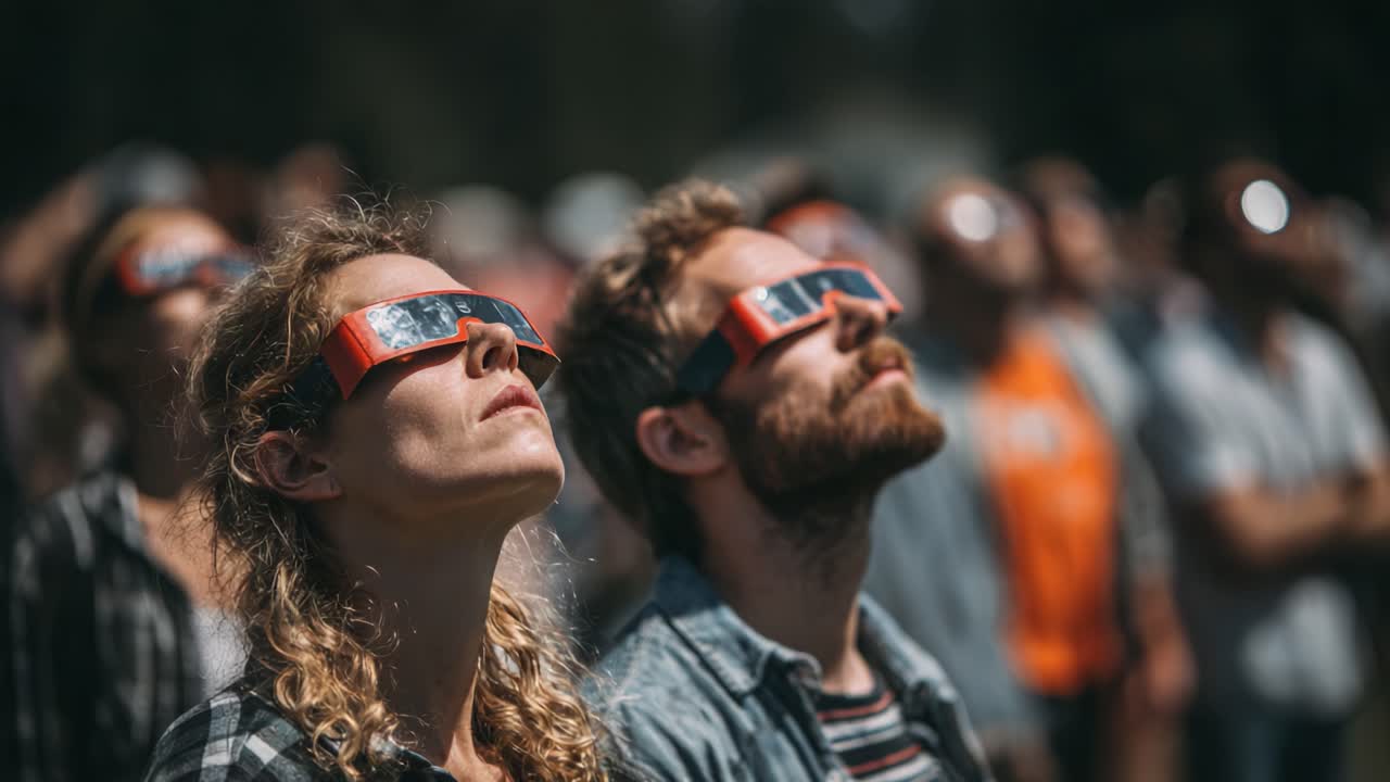 A captivated audience gazes skyward in anticipation, wearing protective glasses during a celestial event, highlighting the wonders of astronomy as they share this moment together