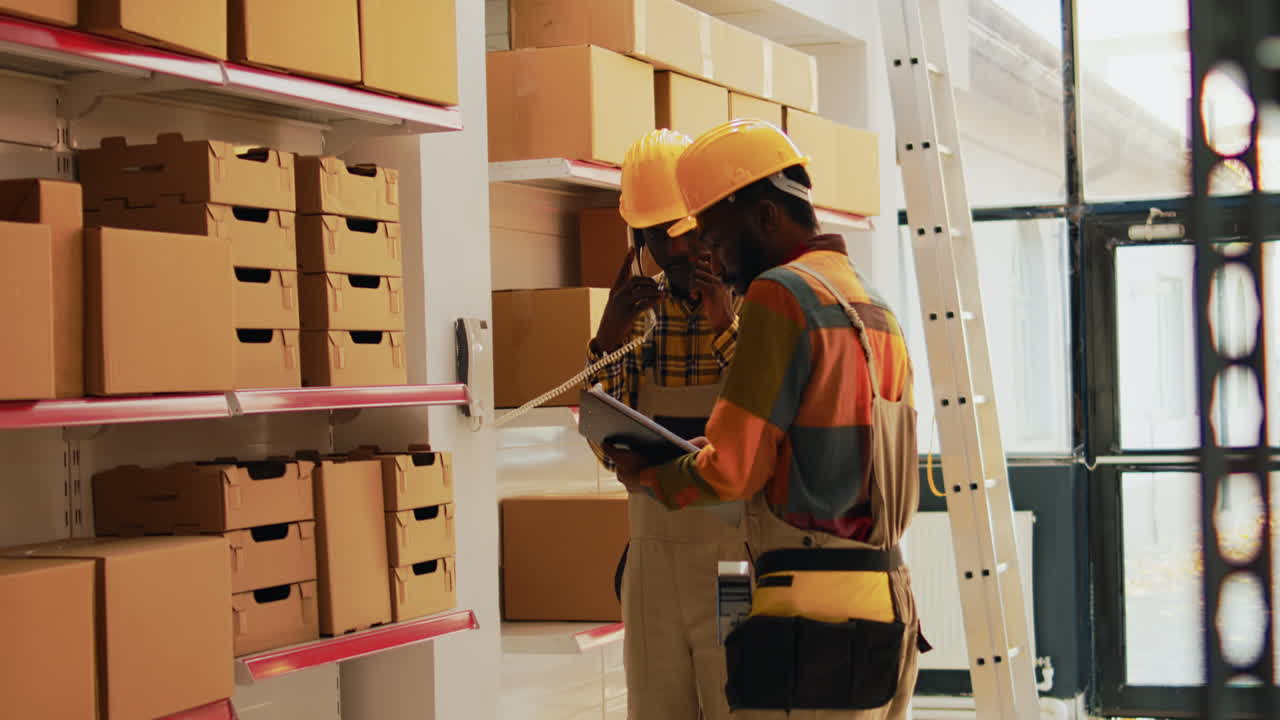 trabajadores del almacén discutiendo el inventario