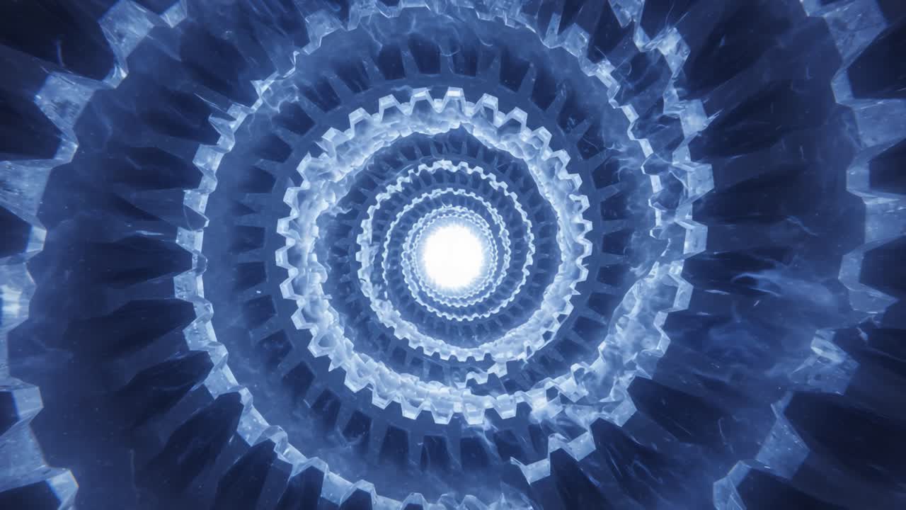 A Captivating Journey Through a Glowing Spiral of Interlocking Gears, Showcasing a Mesmerizing Visual of Mechanical Precision and Intricate Design