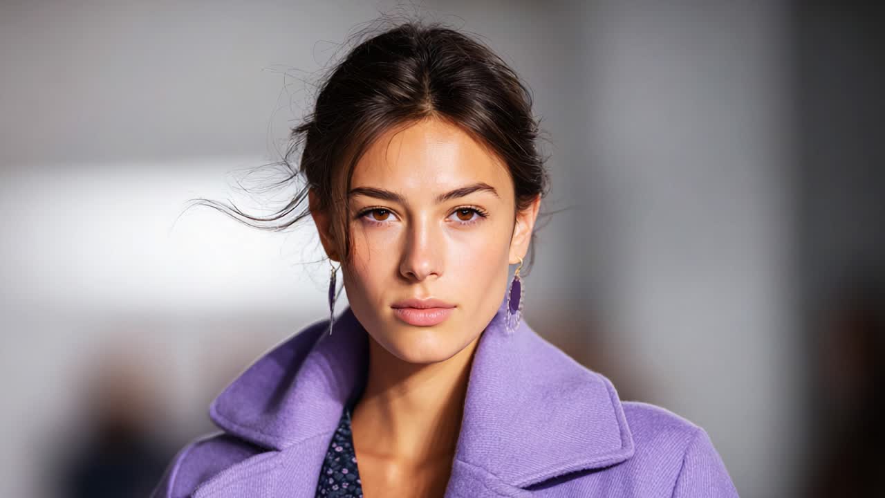 Fashion Model Struts Down the Runway in Elegant Purple Coat Showcasing Natural Beauty and Contemporary Style with Subtle Makeup and Defined Posing Technique
