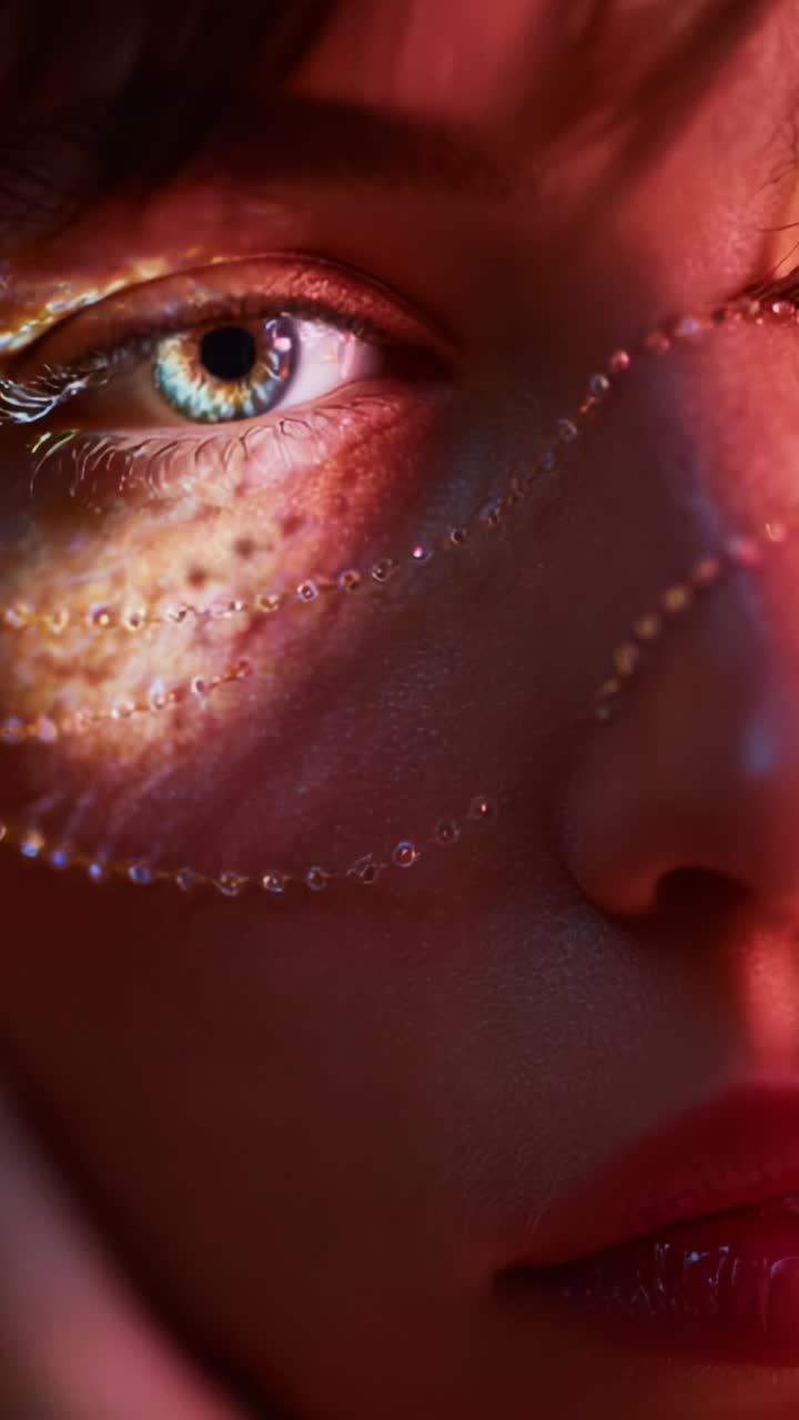 Close-up of a woman's face featuring intricate patterns of light and shadow, highlighting her striking blue eyes and beautiful facial features in a dramatic artistic display