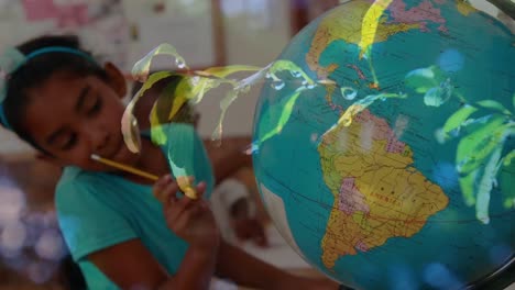 Animation-of-leaves-over-african-american-schoolgirl-looking-at-globe