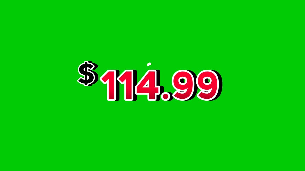 Grafica in movimento con etichetta rossa animata da 114,99 dollari con effetti fumo su sfondo verde. Perfetta per annunci, e-commerce, vendita al dettaglio, sconti e video promozionali, elemento video per il concetto di business.