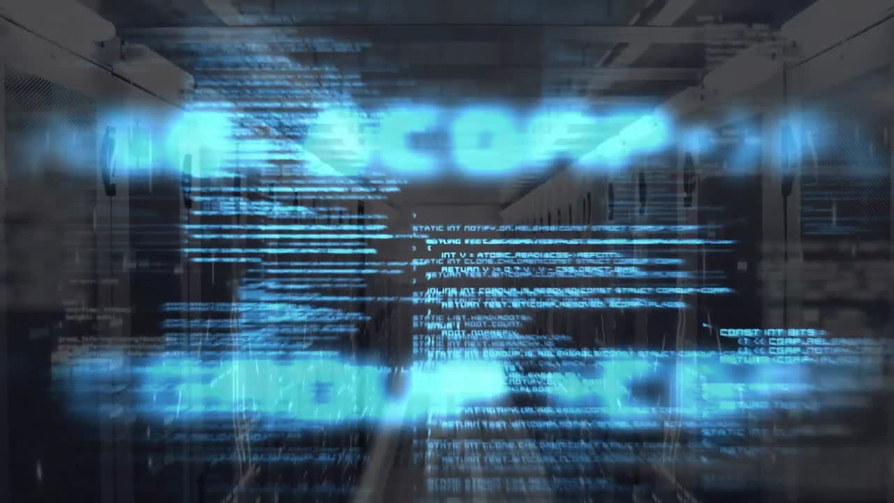 Animation of computer language over bars against server room in background