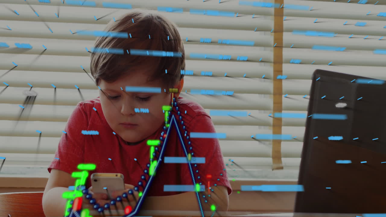 student using smartphone, laptop at desk, interacting with floating overlays in technology