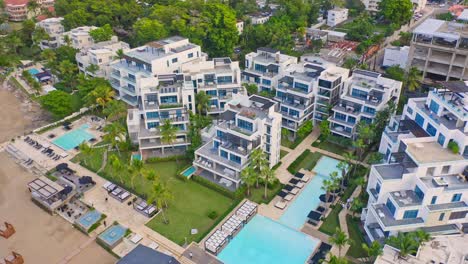 aerial view of hotels of the ocean club, playa imbert, dominican republic - drone shot