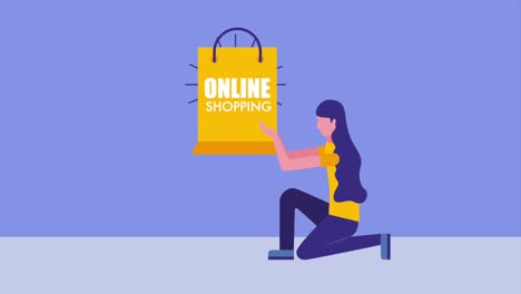 woman on the knee holding paper bag online shopping icon vector ilustration