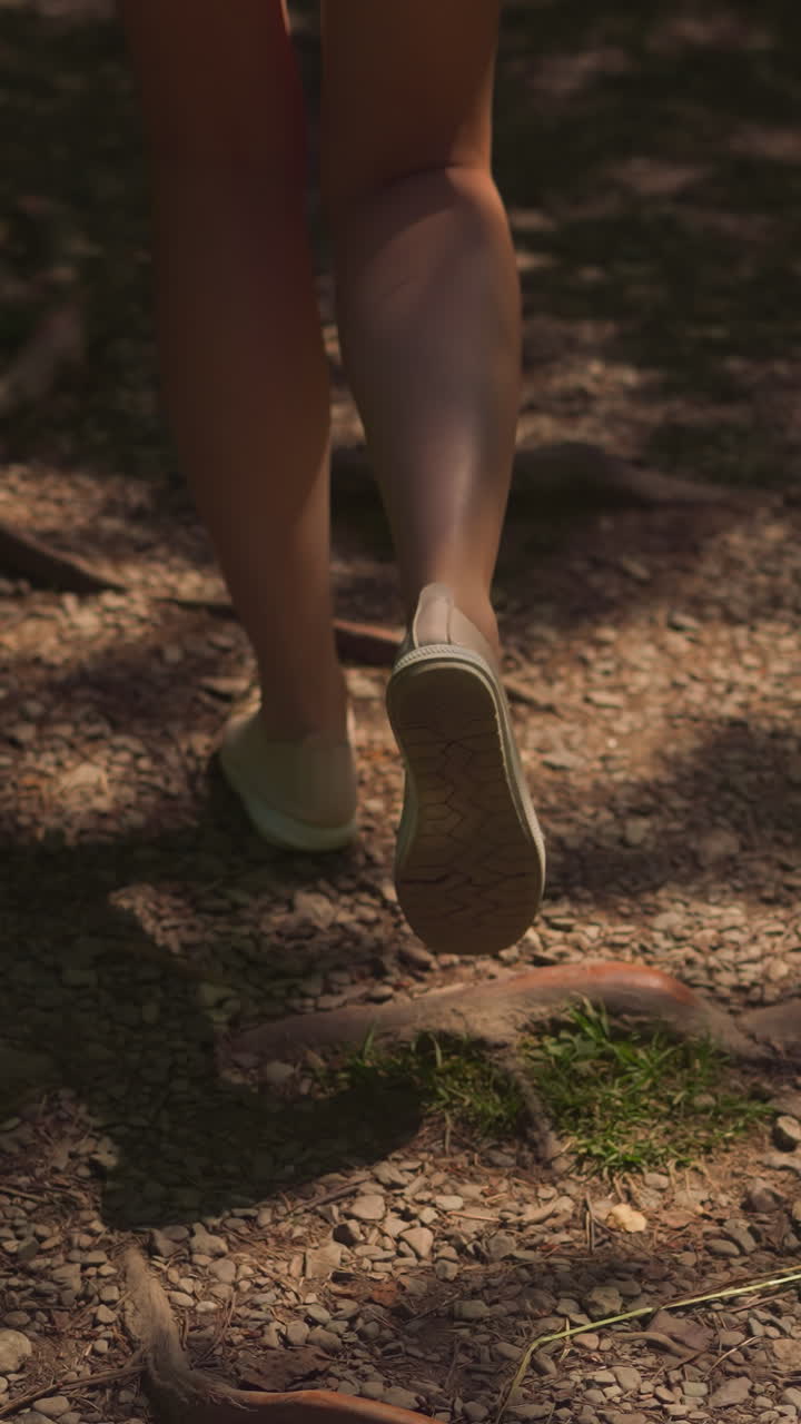 Female feet step on sunlit dirt path in forest closeup. Woman spends vacation travelling to natural attractions. Lady hiker walks hiking route backside view slow motion