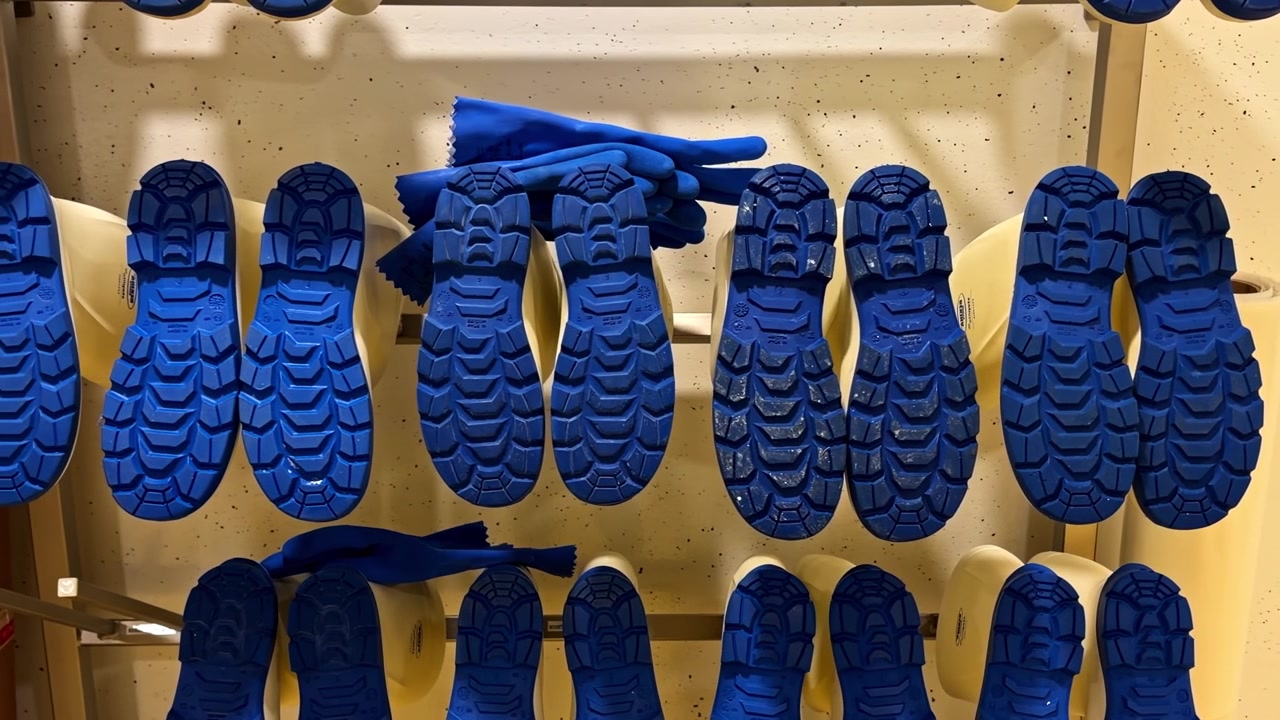 Blaue Sicherheitsstiefelsohlen der Schwerindustrie trocknen auf einem Produktionsgestell
